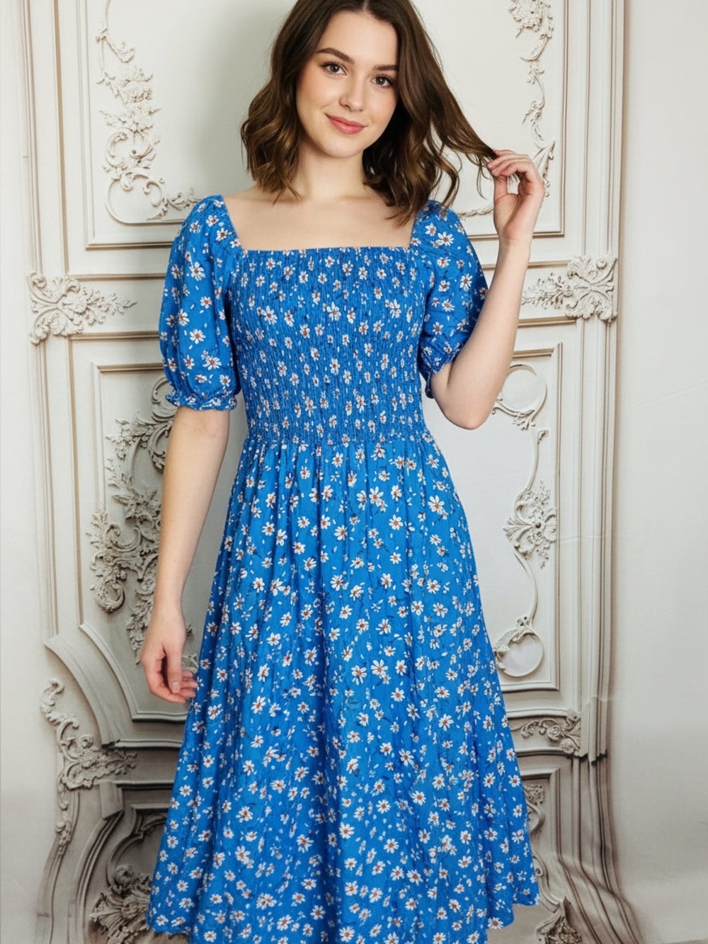 Blue Floral Square-Neck Midi Dress